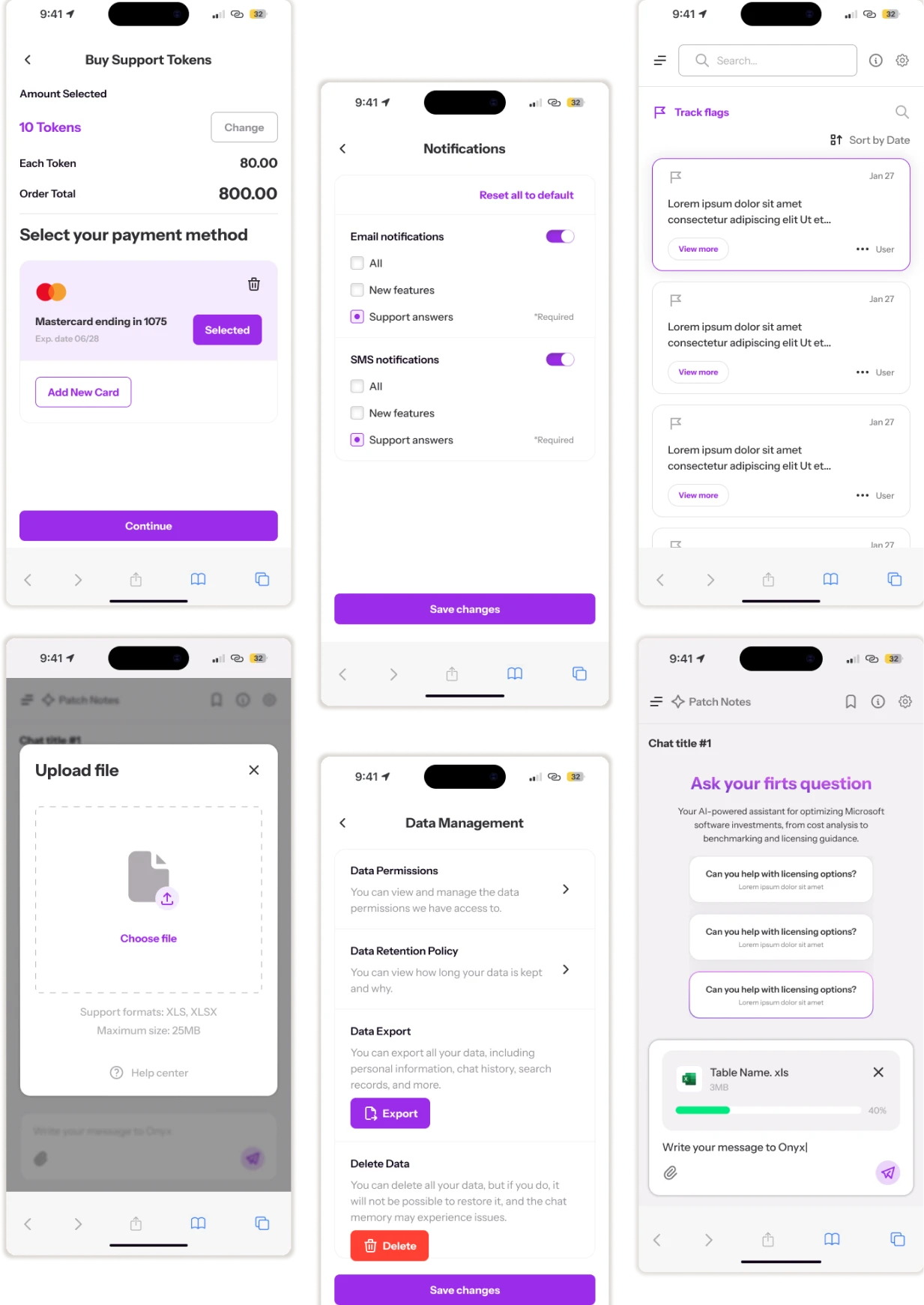 Onyx — six mobile screens covering token purchase, notifications, support flags, file upload, data management and chat