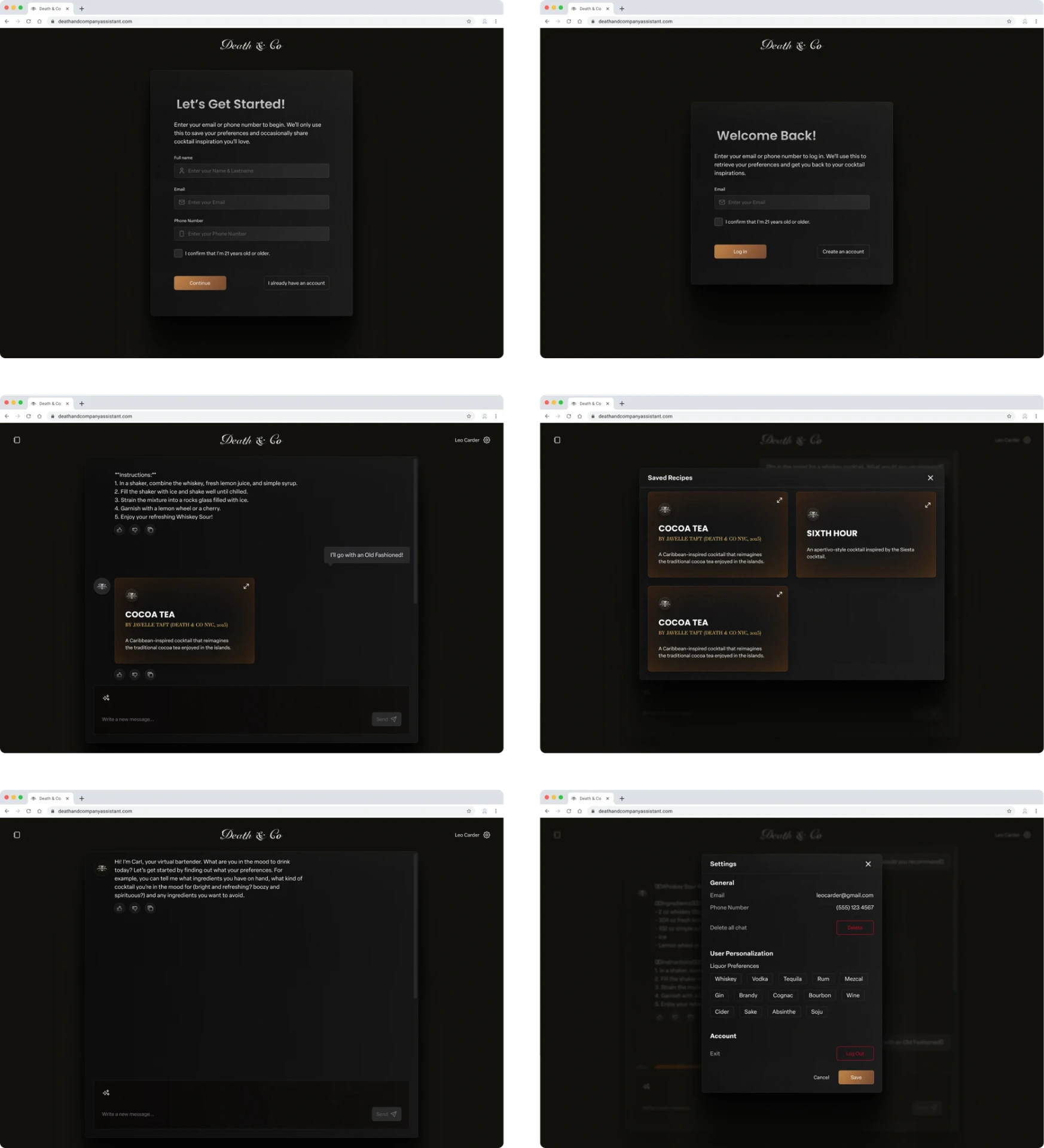 Death & Co cocktail assistant — six desktop screens showing onboarding, login, chat, saved recipes and settings
