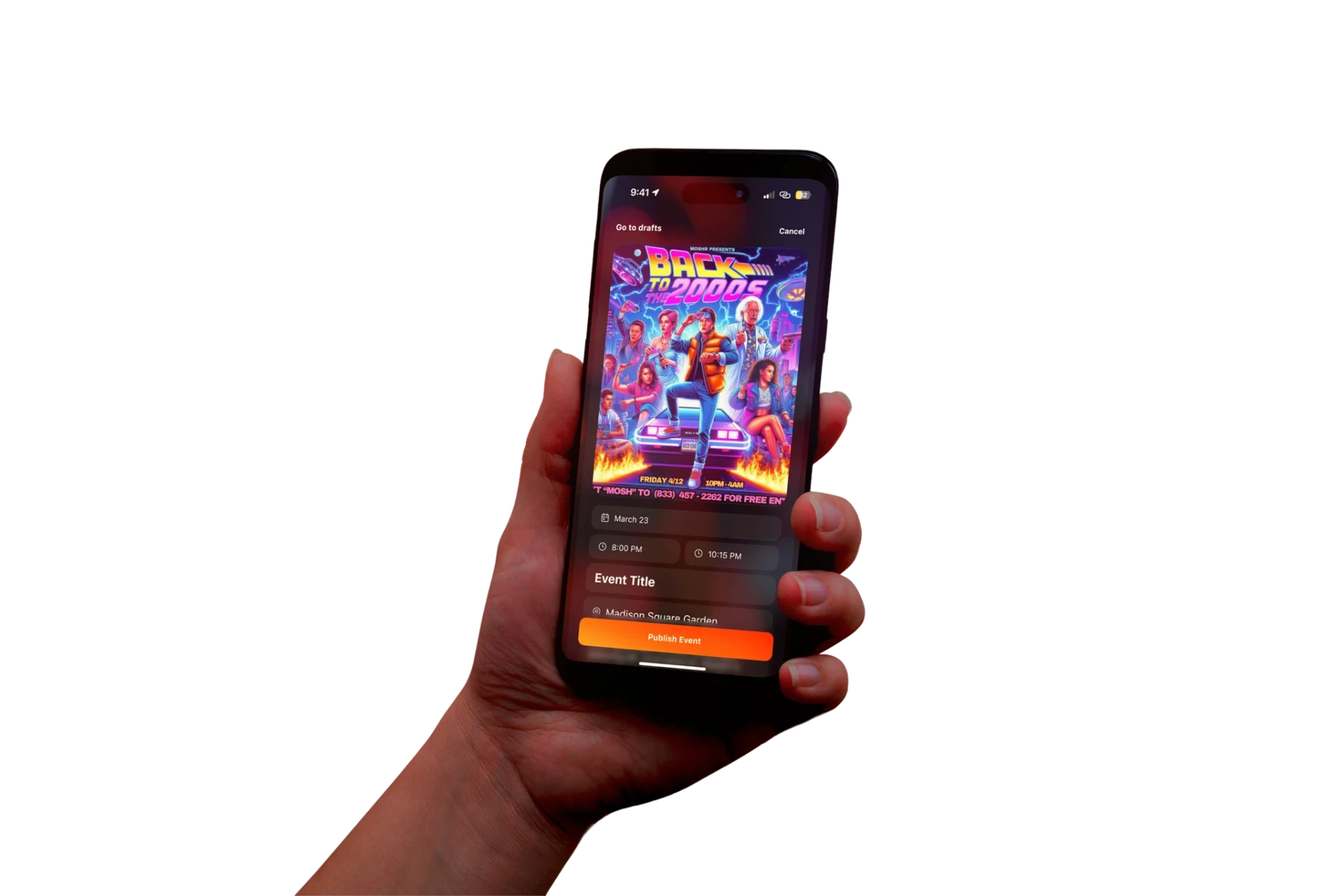 Crowd — event creation screen on iPhone held in hand