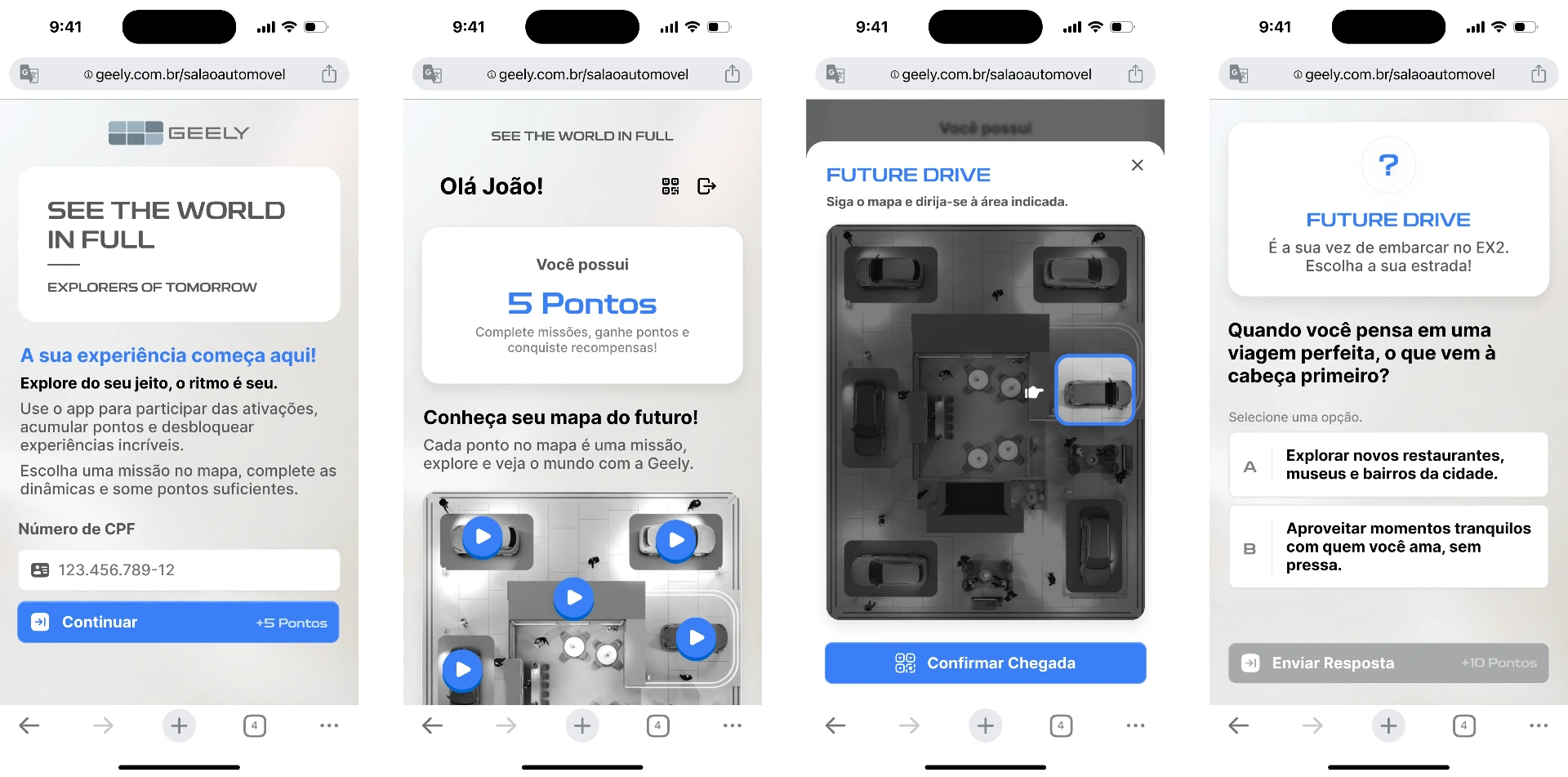 Geely app — onboarding, points map and Future Drive mission flow