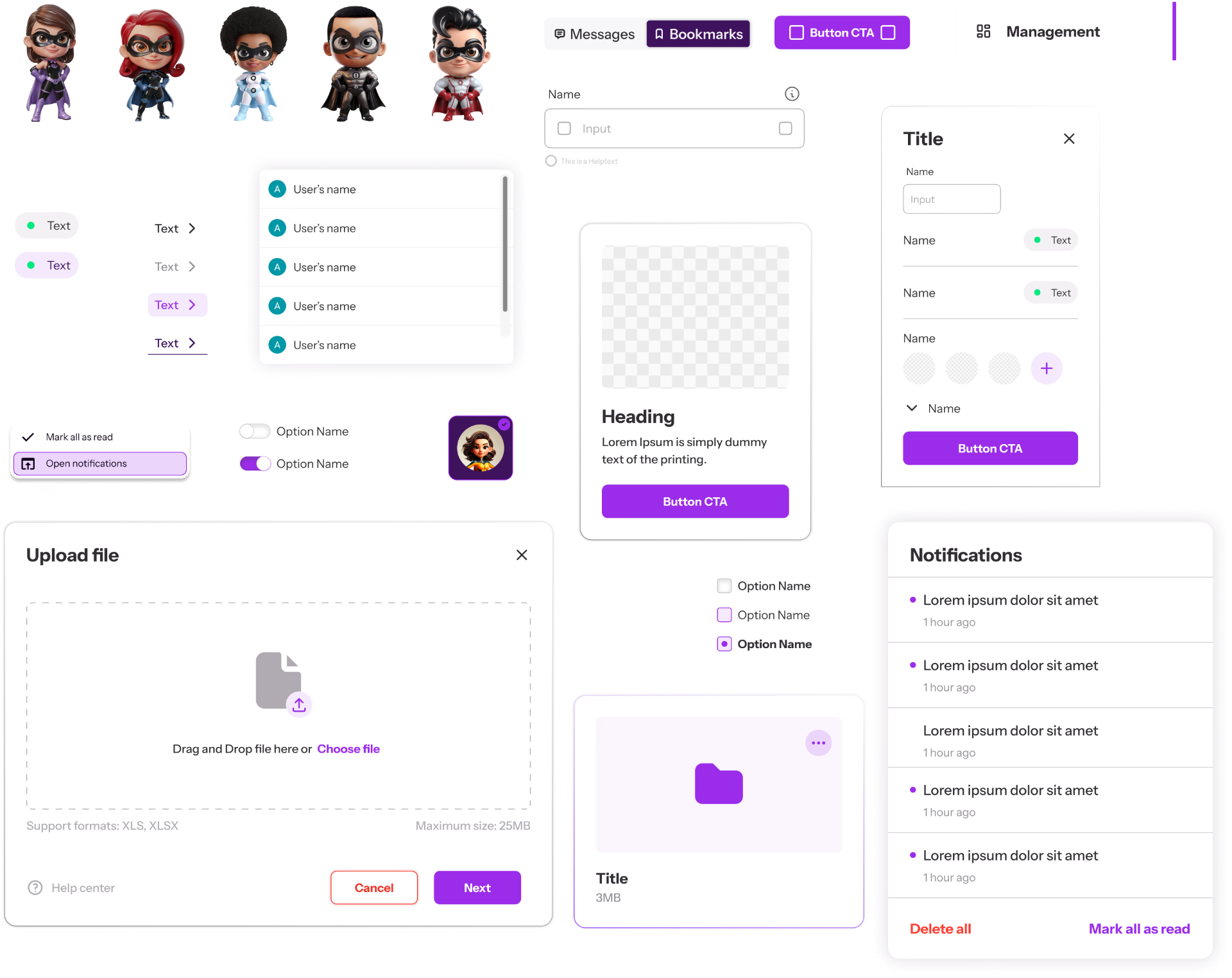 Onyx — design system component library overview with avatars, inputs, modals, notifications and upload patterns
