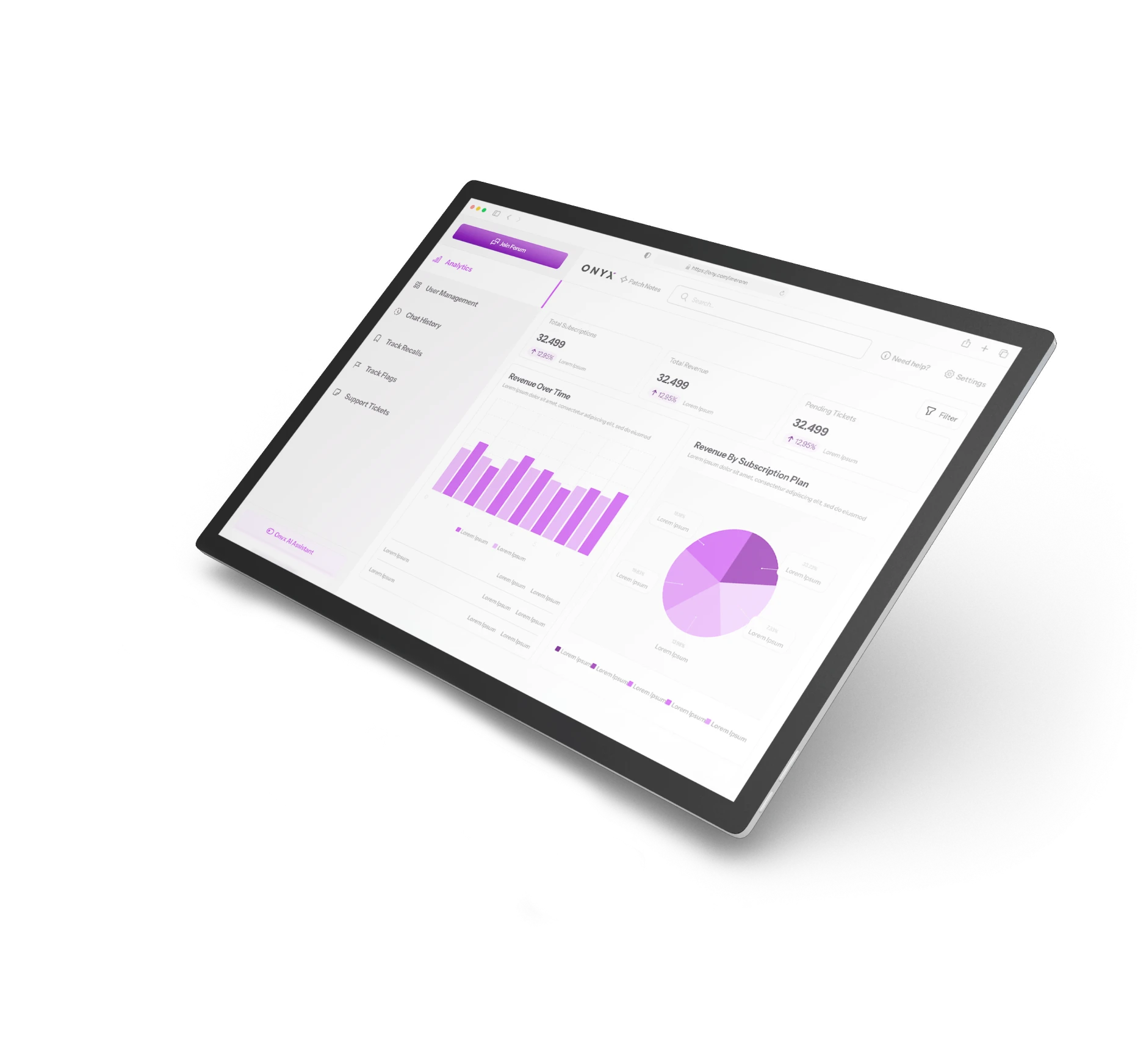 Onyx — analytics dashboard on tablet showing total subscriptions, revenue charts and subscription plan breakdown