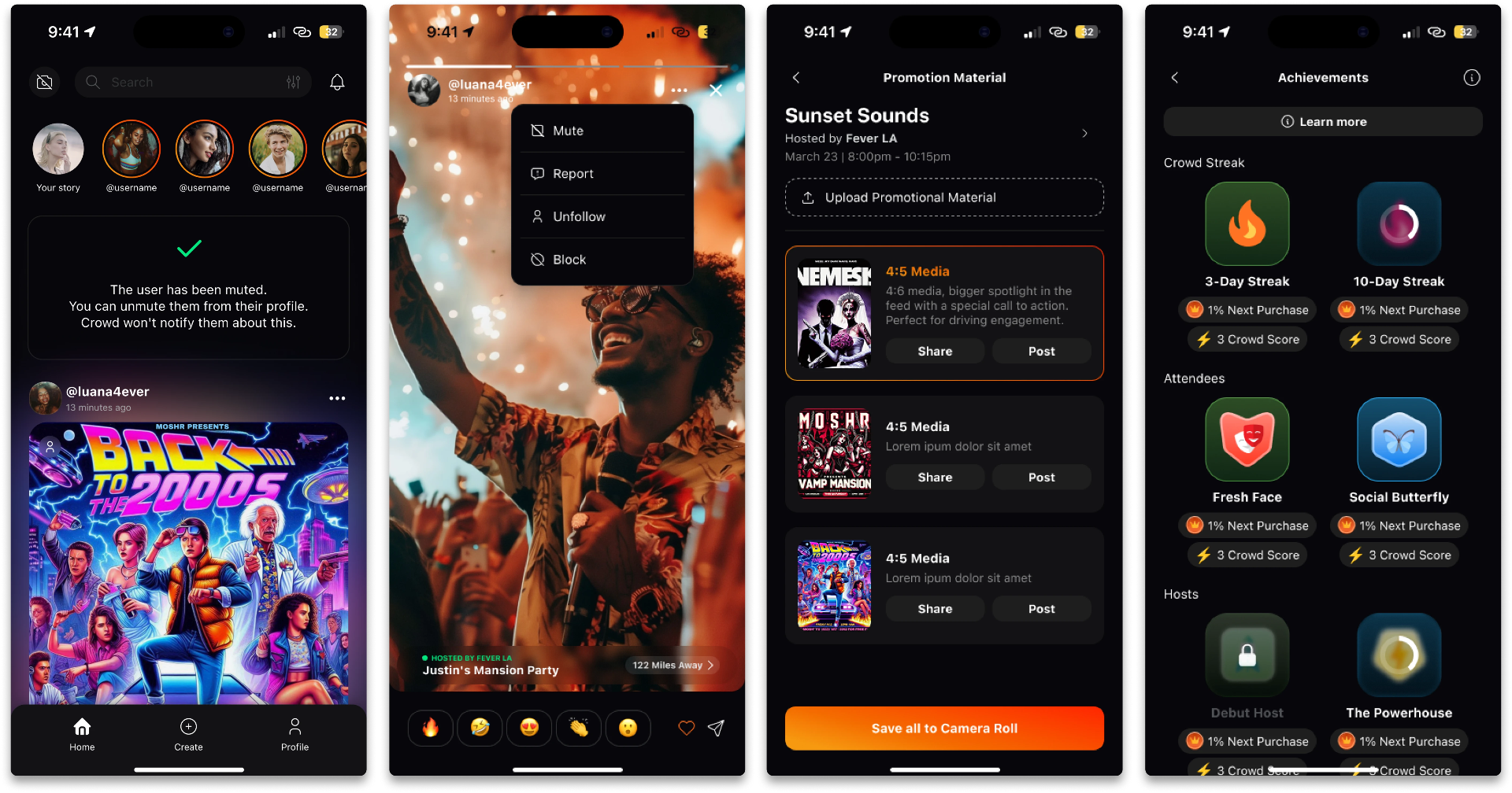Crowd — feed, story view, promotion material and achievements screens