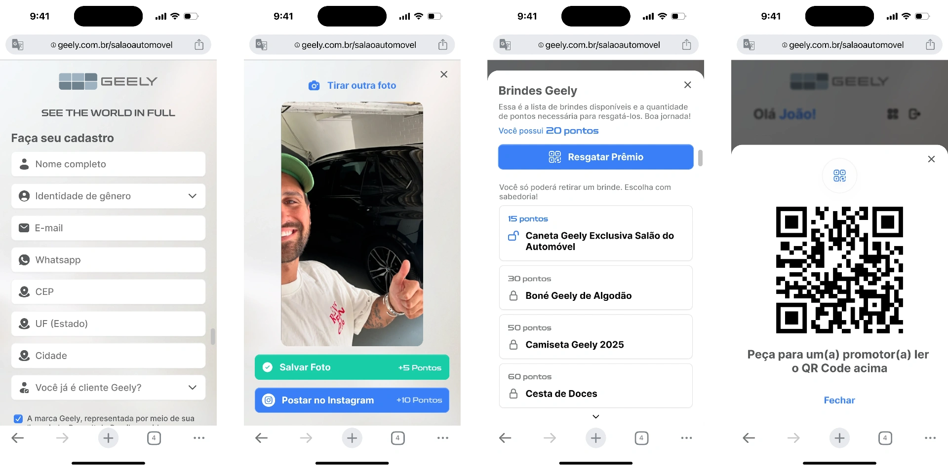 Geely app — registration, selfie capture, rewards catalog and QR redemption