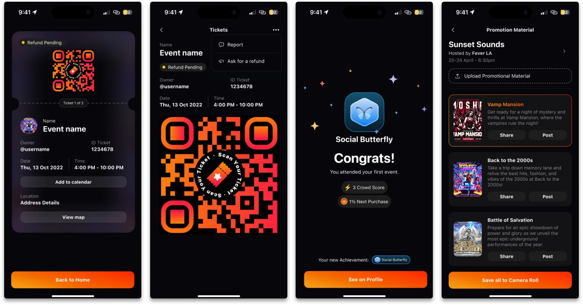Crowd — tickets, QR scan, achievements and promotion material screens