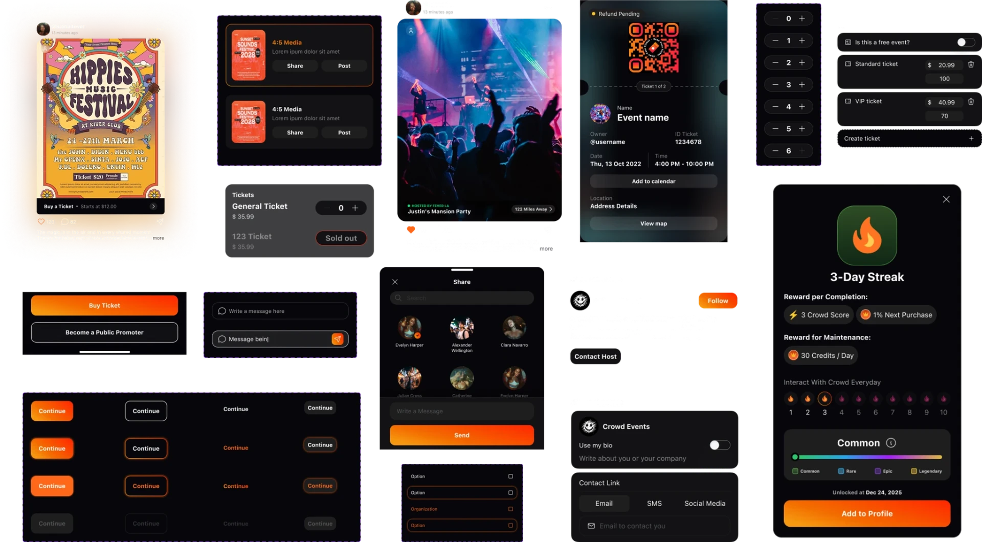 Crowd — UI components: tickets, share sheet, ticket creator, streak rewards and buttons