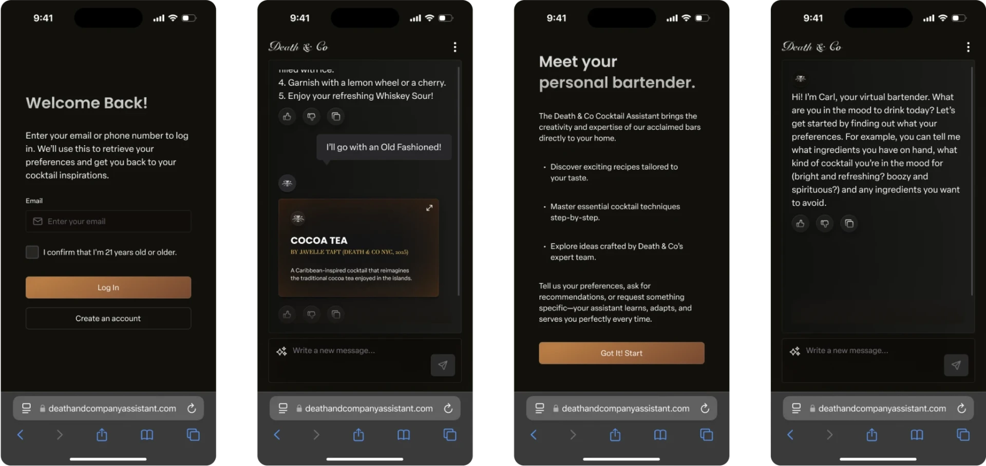Death & Co cocktail assistant — four mobile screens showing welcome, chat with cocktail card, intro and bartender greeting