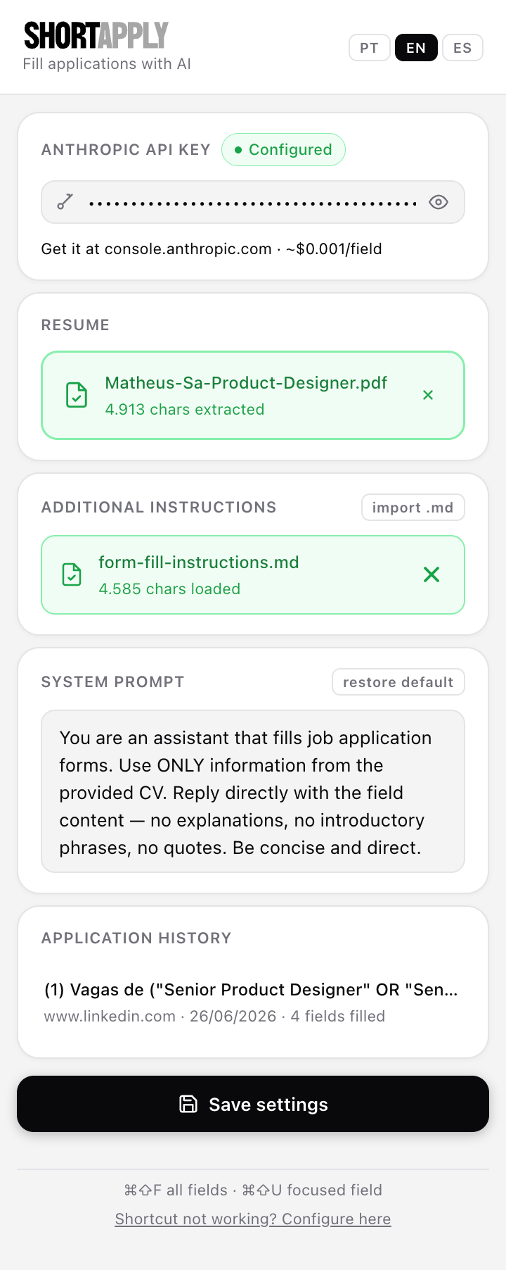 ShortApply popup — fully configured with API key, resume, and form-fill instructions loaded